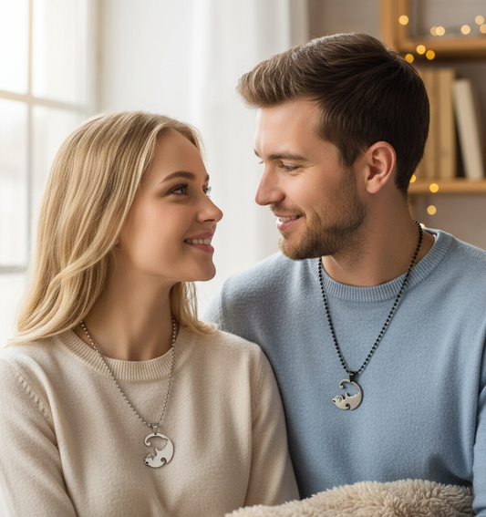 Cat Couple Necklace Set Romantic Couple Scene