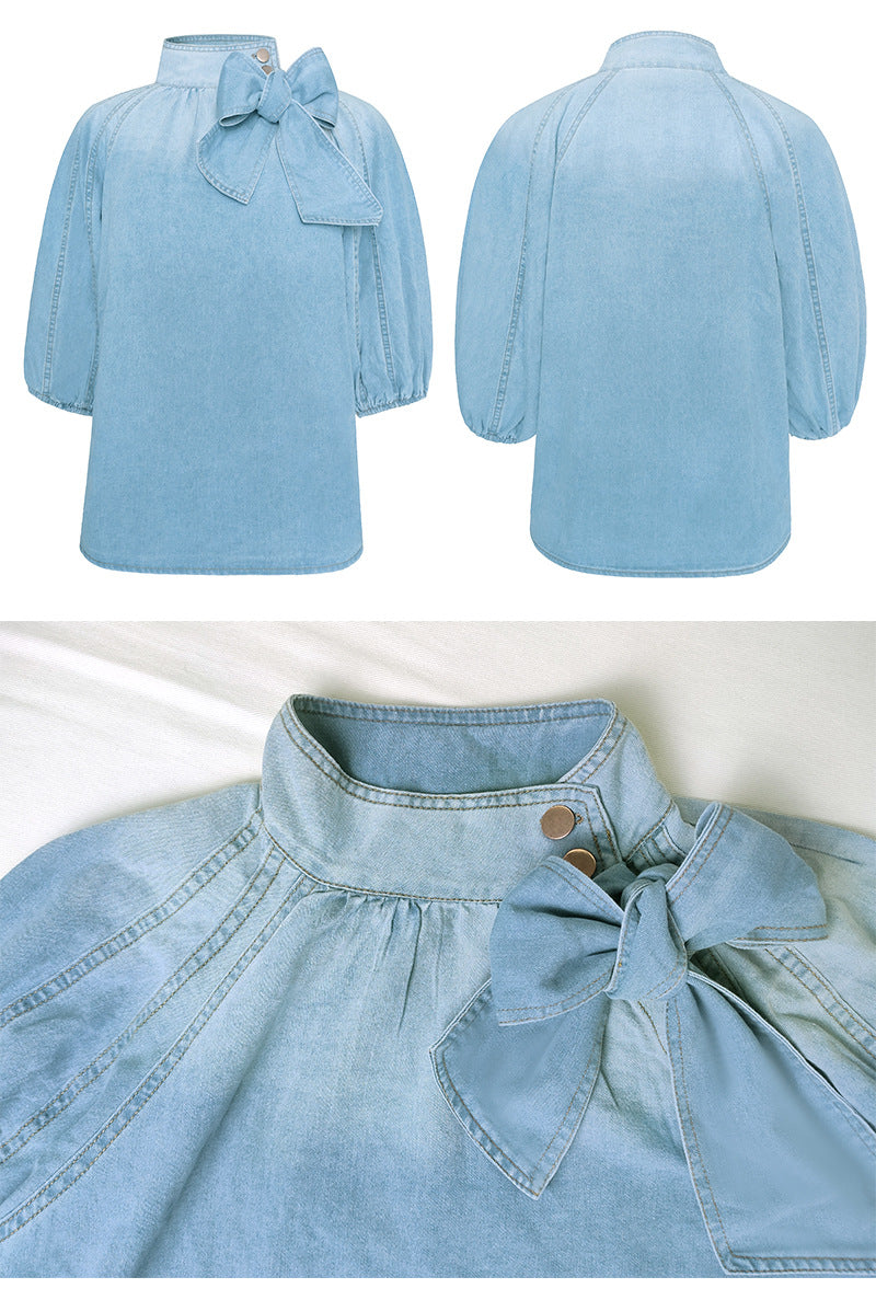Women's Denim Shirt 1/2 Sleeve Decoration Tie Front Top Shirt Jean Choker Jacket