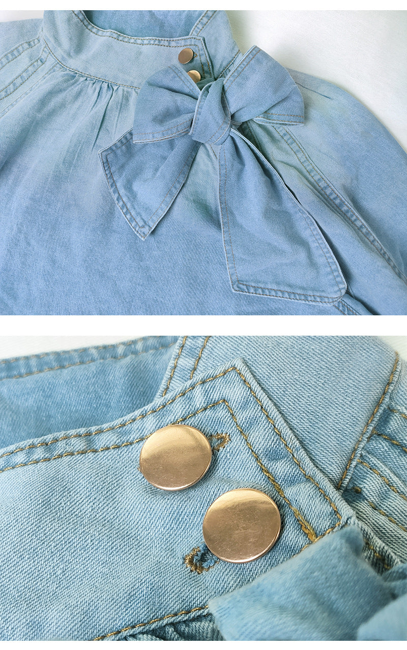 Women's Denim Shirt 1/2 Sleeve Decoration Tie Front Top Shirt Jean Choker Jacket