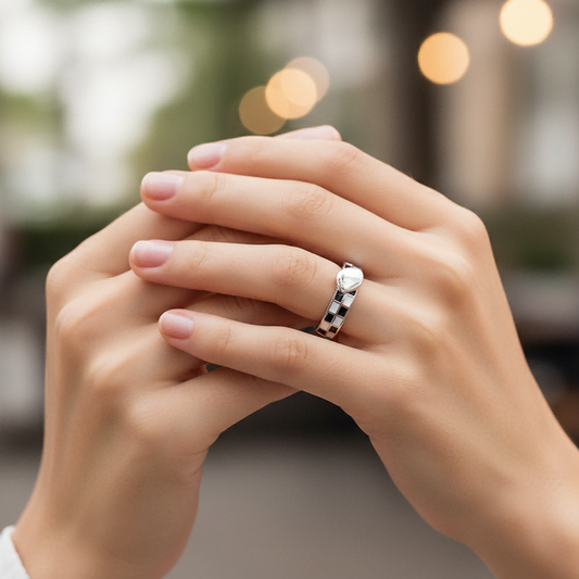 Checkerboard Couple Ring | 925 Silver Black & White Design | Chess Love Symbol | Valentine Gift