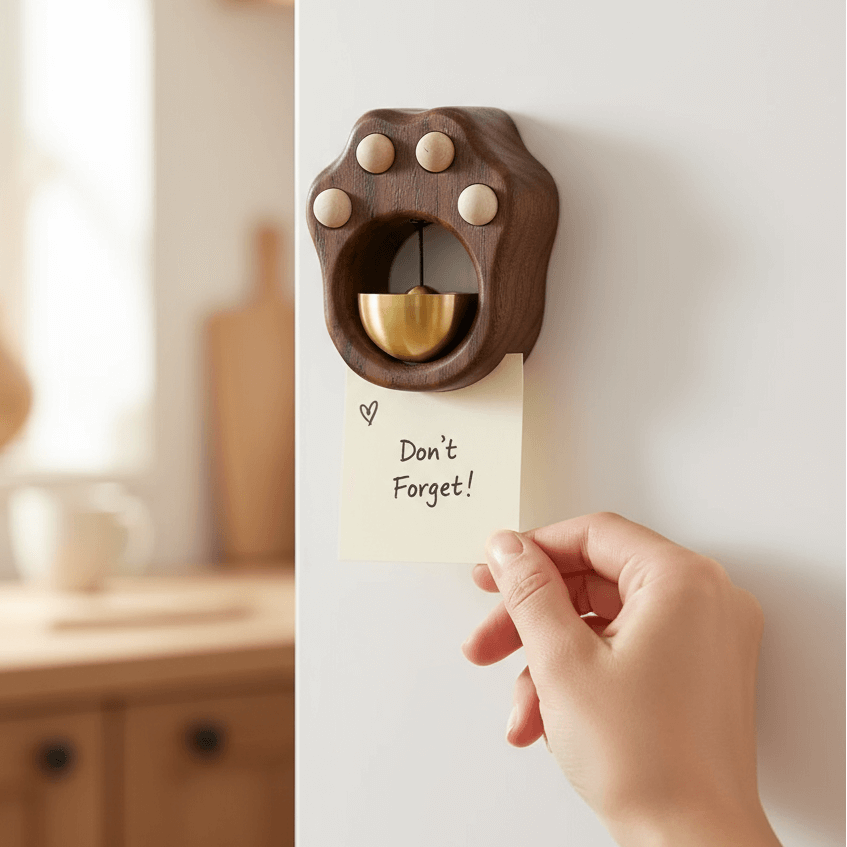 Wooden cat paw bell magnet fridge door decoration