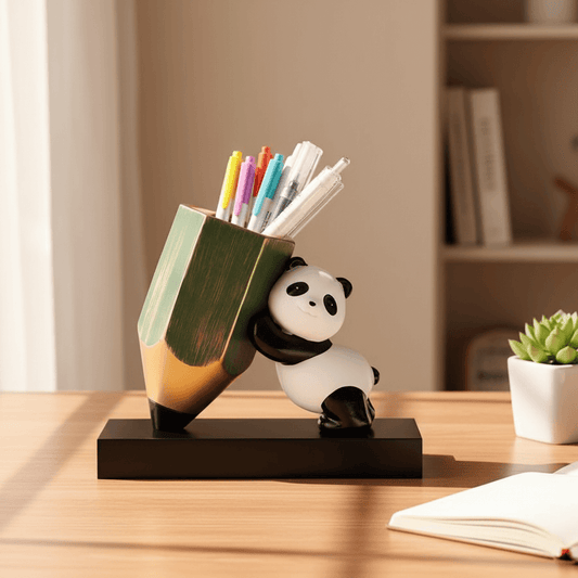 Bamboo Panda Pen Holder | Cute Desk Organizer for Office & Study | Natural Wood Pencil Cup
