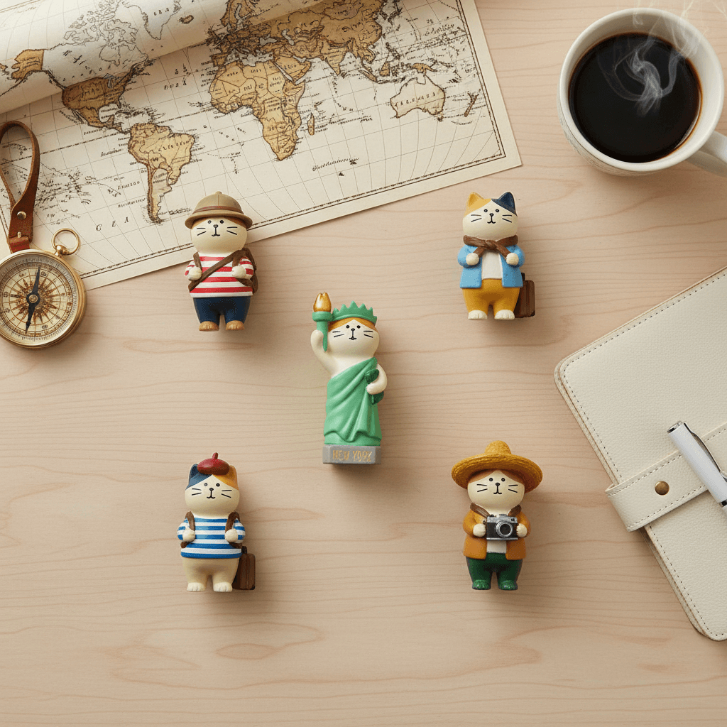 Globetrotter cat figurine set travel-themed desk decor