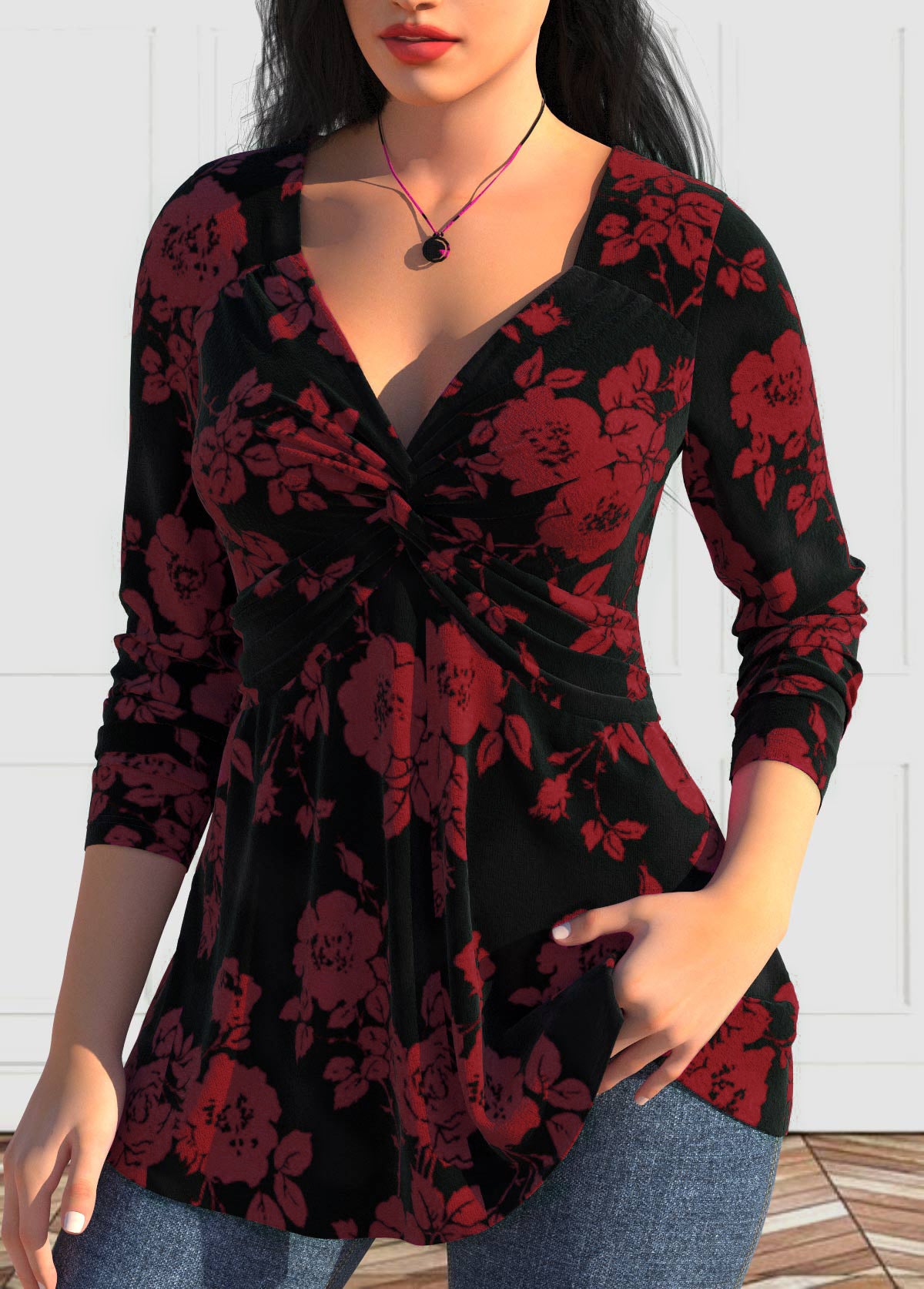 Large size women's V-neck Polyester Fibre shirt long sleeve printed shirt