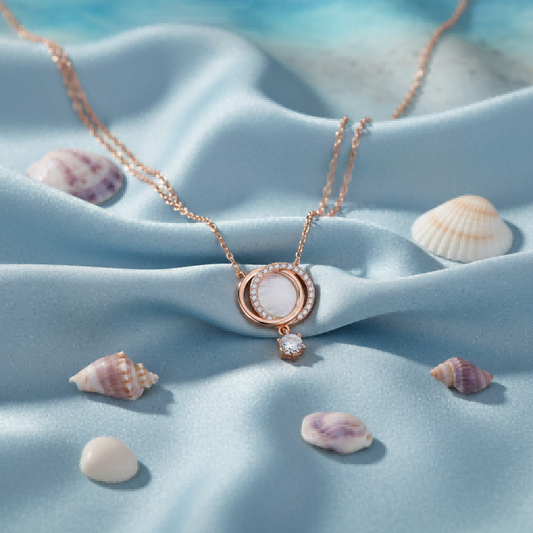Double Moon Shell Necklace | Silver with Zircon | Gentle Moonlight | Romantic Gift
