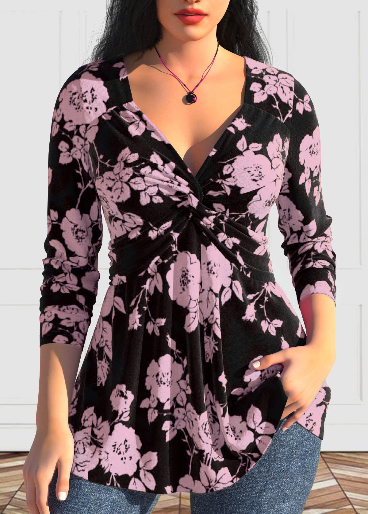 Large size women's V-neck Polyester Fibre shirt long sleeve printed shirt