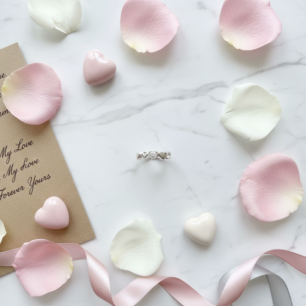 Heart chain ring romantic flat lay display