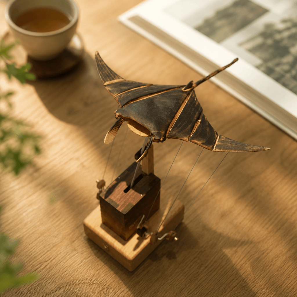 Animated Wooden Manta Ray | USB-C Rechargeable Desk Sculpture