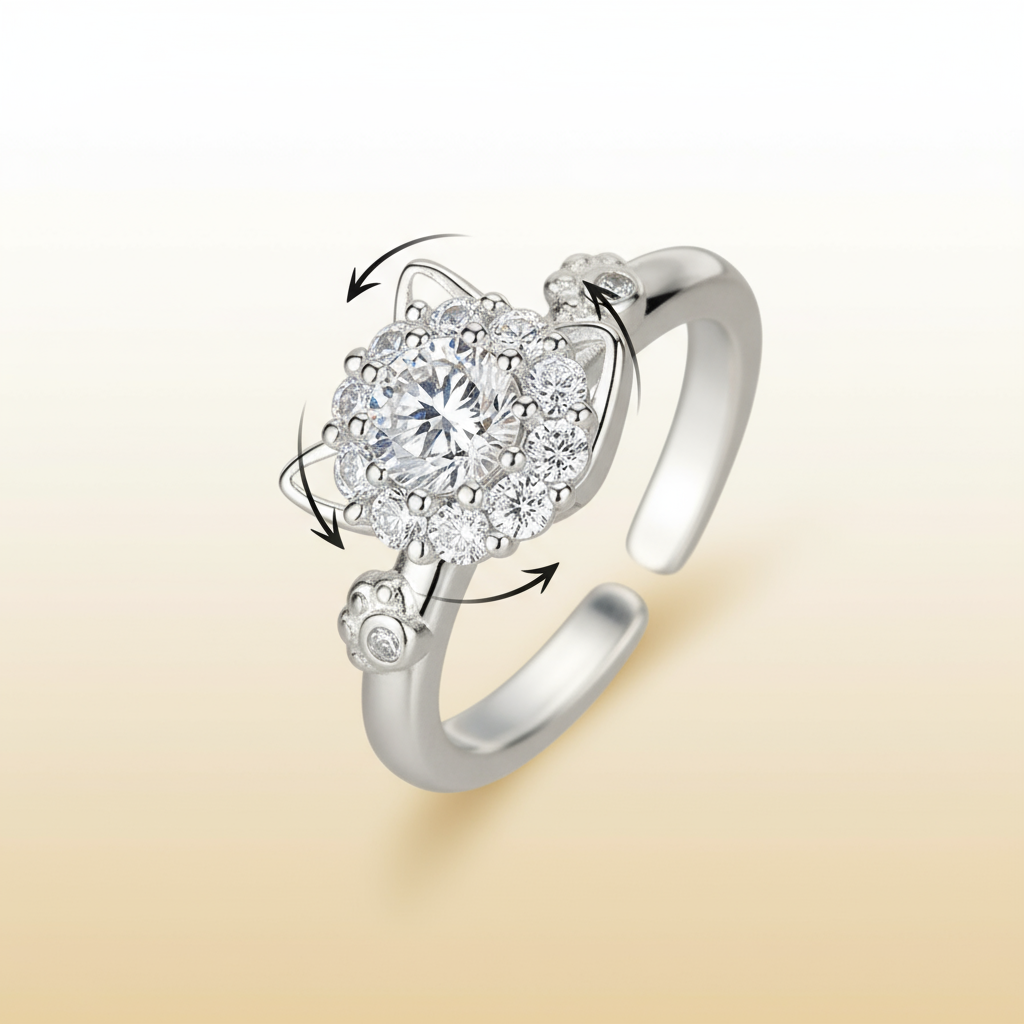 Lucky cat ring detail close-up spinning mechanism