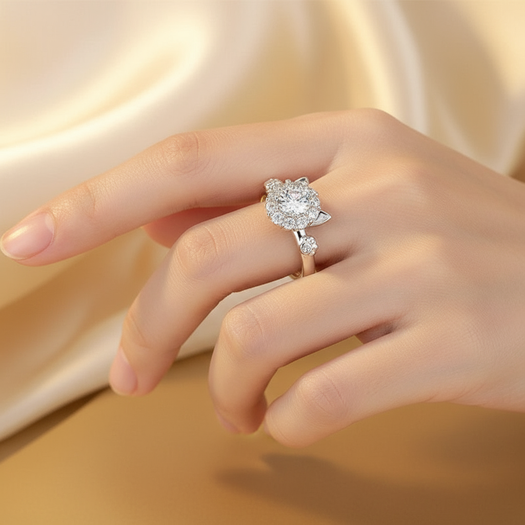 Lucky cat ring lifestyle shot on hand