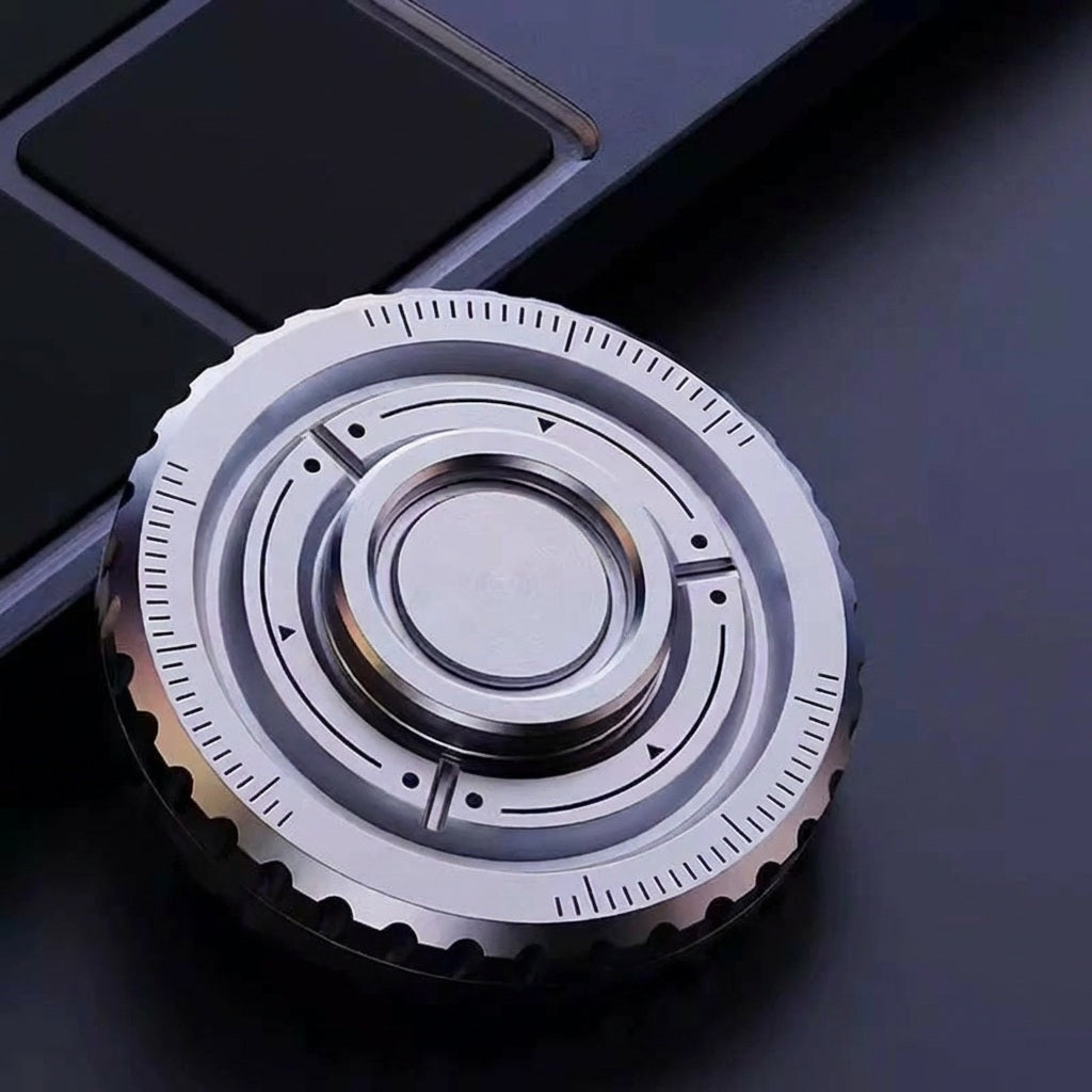 Close-up of a metallic gear-like object on a dark background