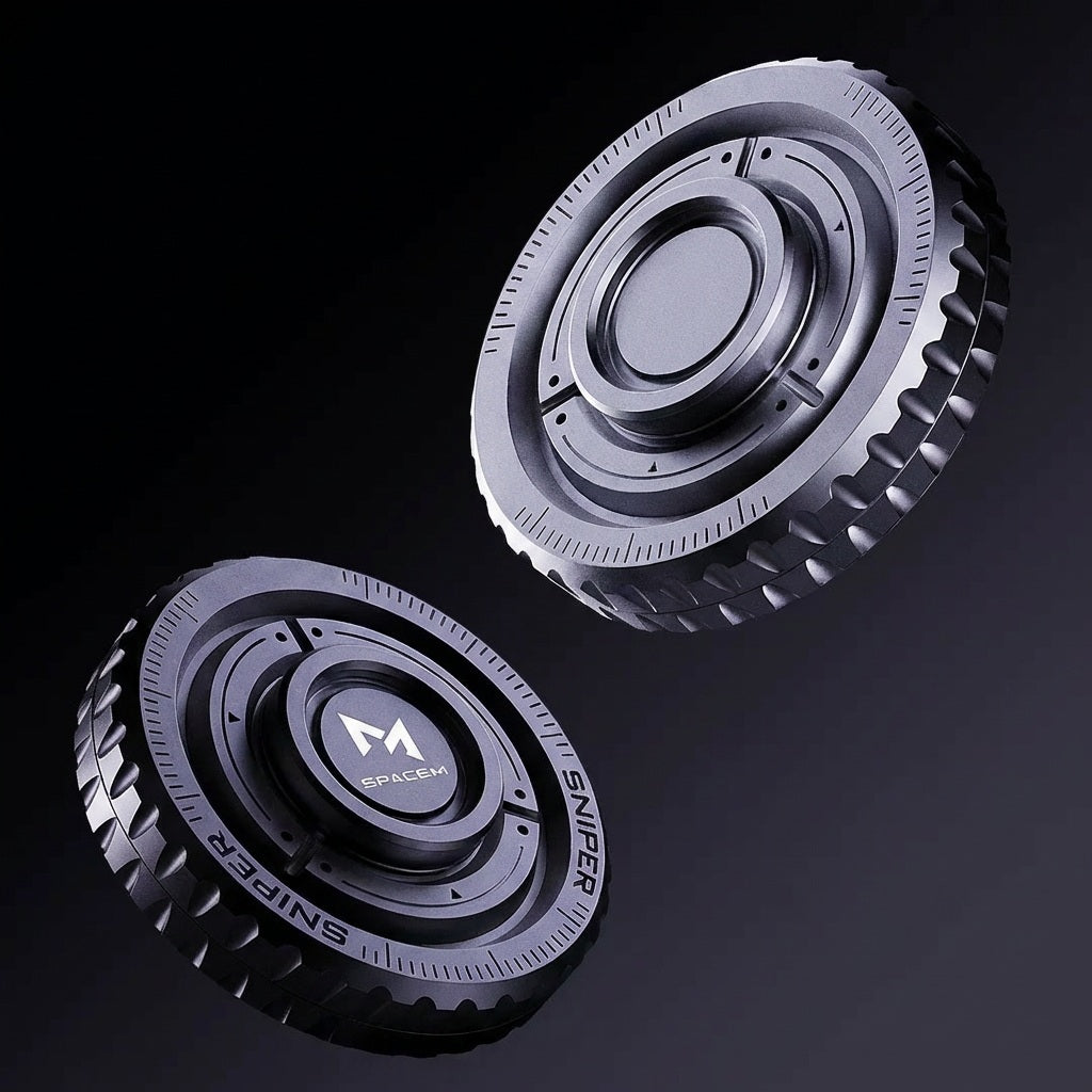 Two metallic gear-like objects with 'SpaceM' branding on a dark background