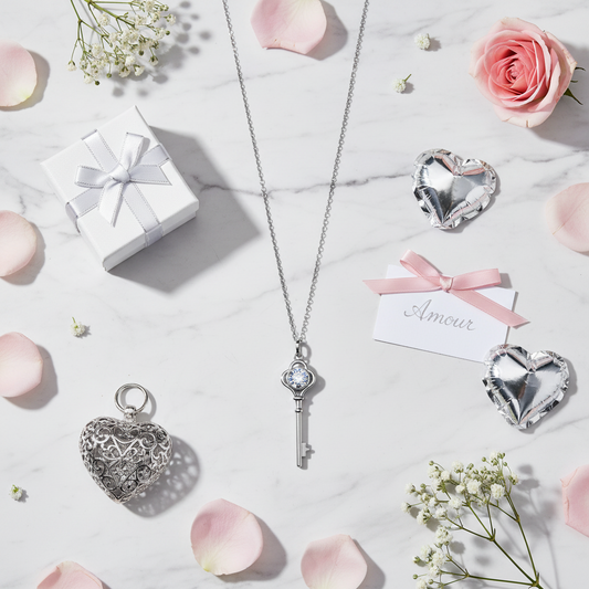 Moissanite Clover Necklace | Silver Four-Leaf Clover or Key | Elegant Valentine Gift