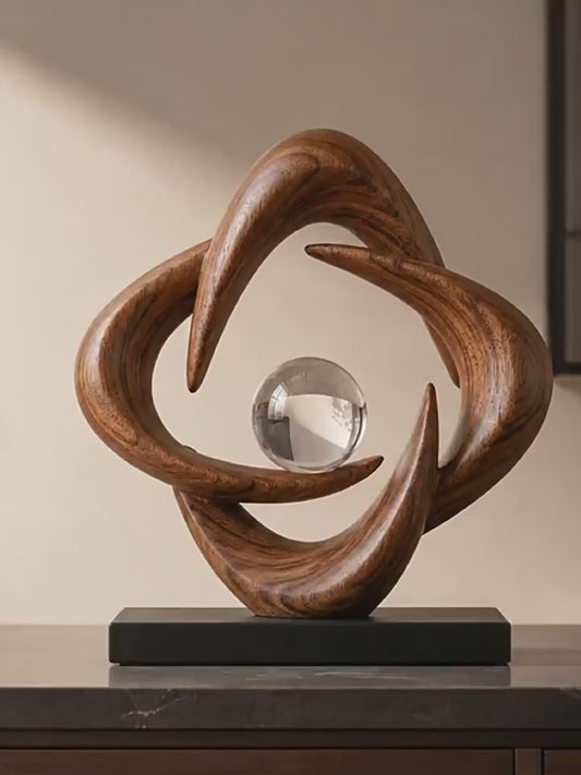 Prosperity Knot Black Walnut Desk Sculpture | Crystal Ball Center | Modern Luxury Home Decor | Engravable