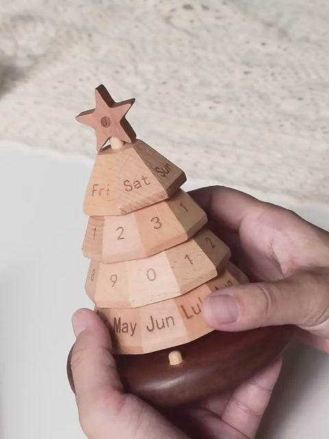 Christmas Tree Perpetual Calendar - Handcrafted Wood Desktop Ornament with Custom Base