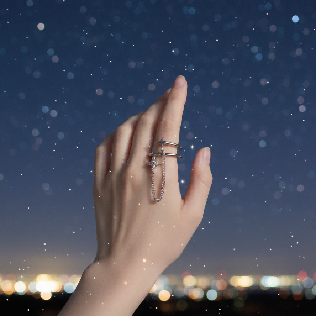 Shooting Star Ring | Double Layer Chain Ring | Sterling Silver Adjustable | Wish Ring
