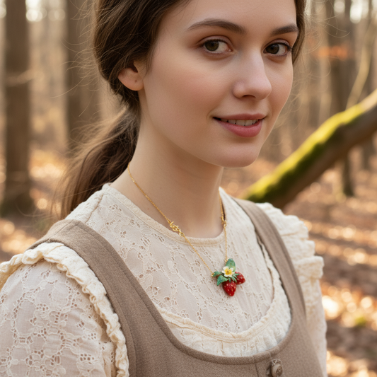 Strawberry Necklace | Hand-Painted Enamel | Gold Plated Plant Series | Mori Style Jewelry