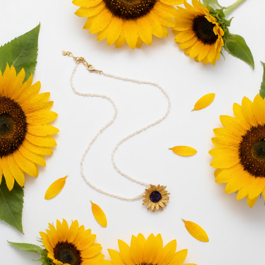 Sunflower Necklace | Gold Plated Pearl Chain | Plant Series | Women's Nature Jewelry
