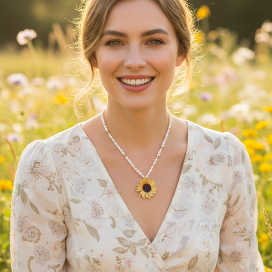 Sunflower Necklace | Gold Plated Pearl Chain | Plant Series | Women's Nature Jewelry