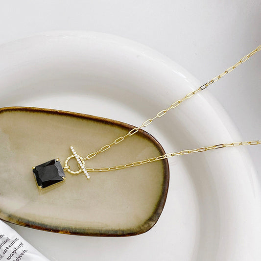 Black Zircon Necklace | Geometric Square Pendant | Silver Clavicle Chain | Girlfriend Gift