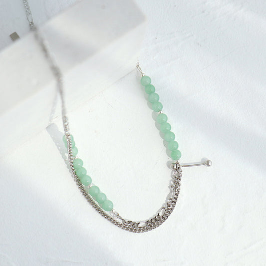 Mint Green Glass Necklace | Double Layer Silver Vintage Hip Hop | Adjustable Chain