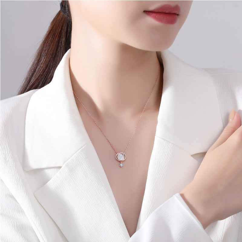 Sterling Silver  Fritillary Shell Night Comes Double Full Moon Necklace Clavicle Chain Pendant Jewelry