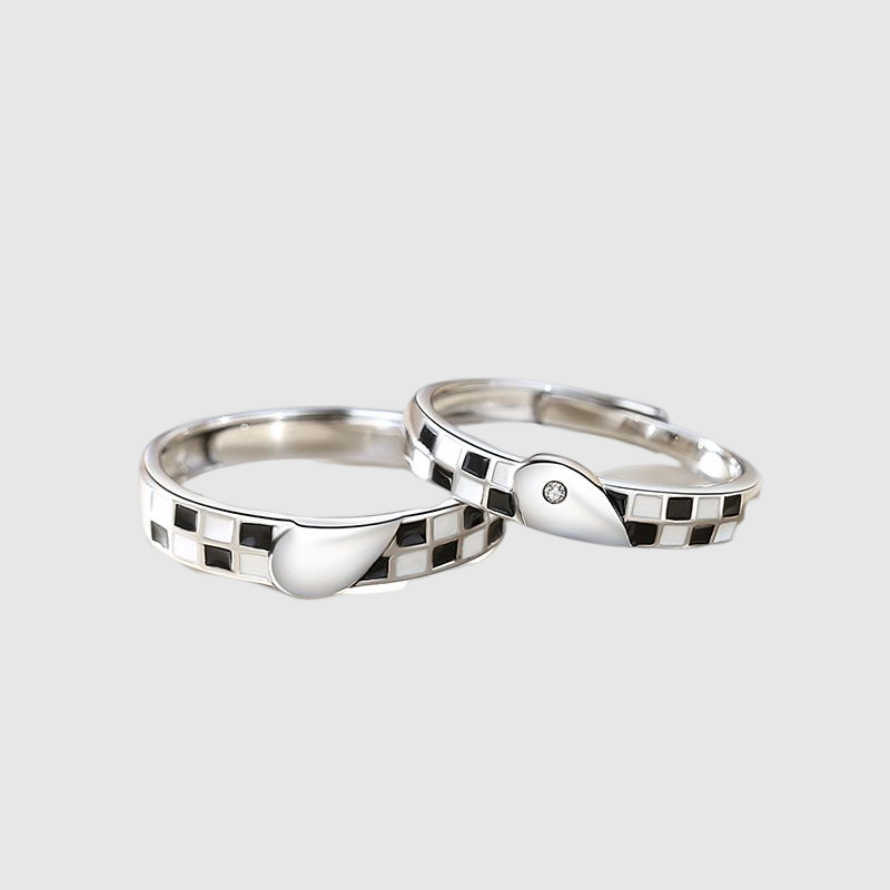 New Black and White Checkerboard design stitching love couple ring