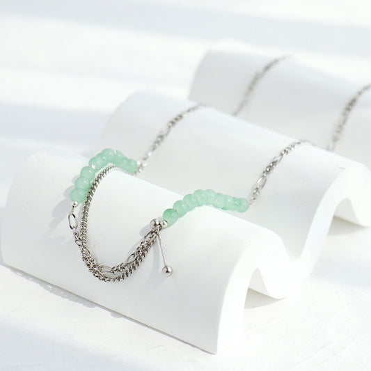 Mint Green Glass Necklace | Double Layer Silver Vintage Hip Hop | Adjustable Chain